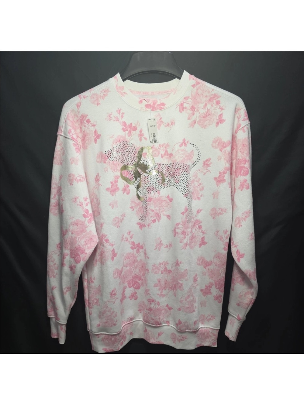 PINK x LoveShack White&Pink Floral Crewneck Sweatshirt with Rhinestone dog Sz XS